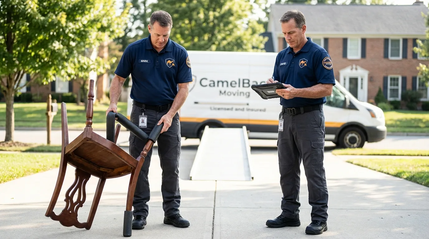 Movers inspecting furniture for damage prevention before loading in Dawson, GA