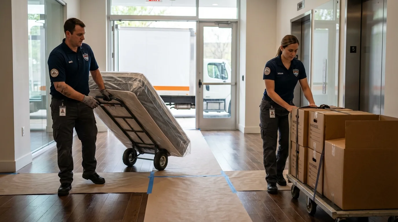 Professional apartment movers loading elevator in Dawson, GA