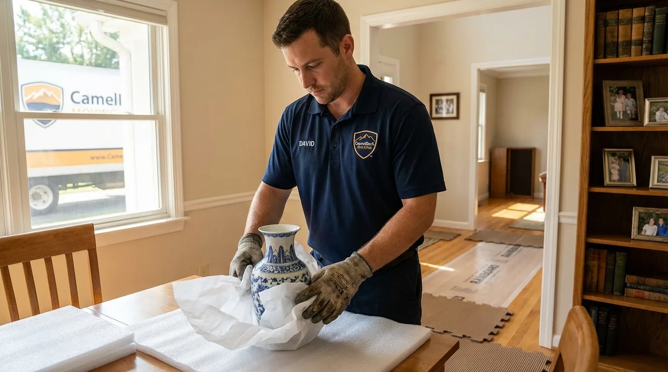 Professional crew carefully wrapping antique vase for senior downsizing move in Dawson, GA
